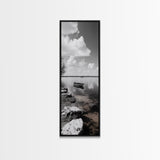 Monochrome Boat Lake, Peaceful Dockside, Still Waters, Minimal Calm, Framed Canvas Print, Bedroom Wall Art, Black White Photography