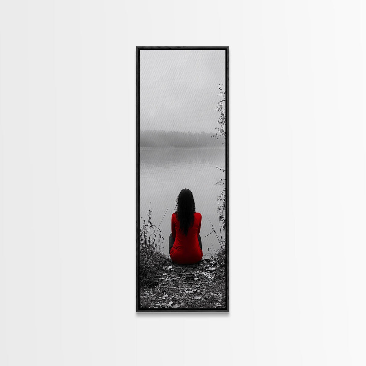 Solitude Reflection, Red Dress Woman, Tranquil Mood, Autumn Lake Scene, Framed Canvas Print, Mindful Art, Bedroom Wall Decor