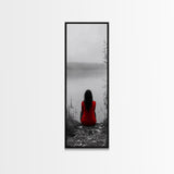 Solitude Reflection, Red Dress Woman, Tranquil Mood, Autumn Lake Scene, Framed Canvas Print, Mindful Art, Bedroom Wall Decor