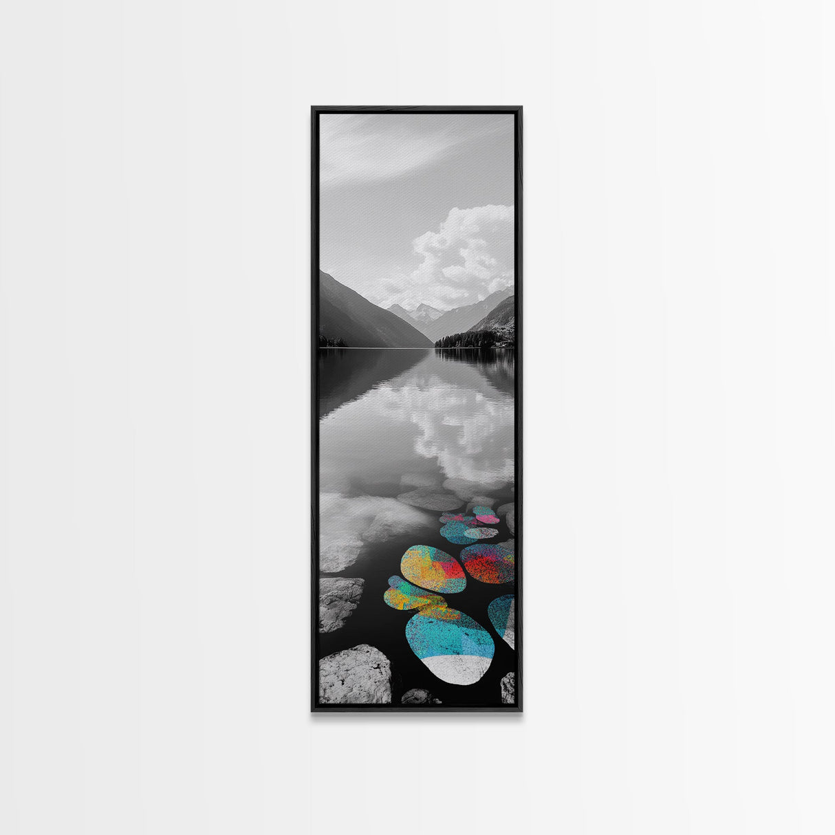 Lake Pebbles Art, Colorful Stones, Mountain Reflection, Calm Waterscape, Canvas Print, Zen Decor, Boho Lake Art, Bathroom Wall Art