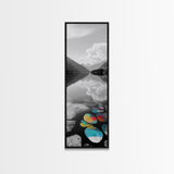 Lake Pebbles Art, Colorful Stones, Mountain Reflection, Calm Waterscape, Canvas Print, Zen Decor, Boho Lake Art, Bathroom Wall Art