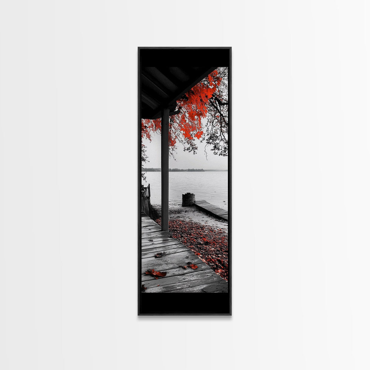 Fall Porch Scene, Lakeview Autumn, Red Leaves Deck, Tranquil Water, Canvas Print, Rustic Wall Art, Cozy Cabin Decor, Entryway Style
