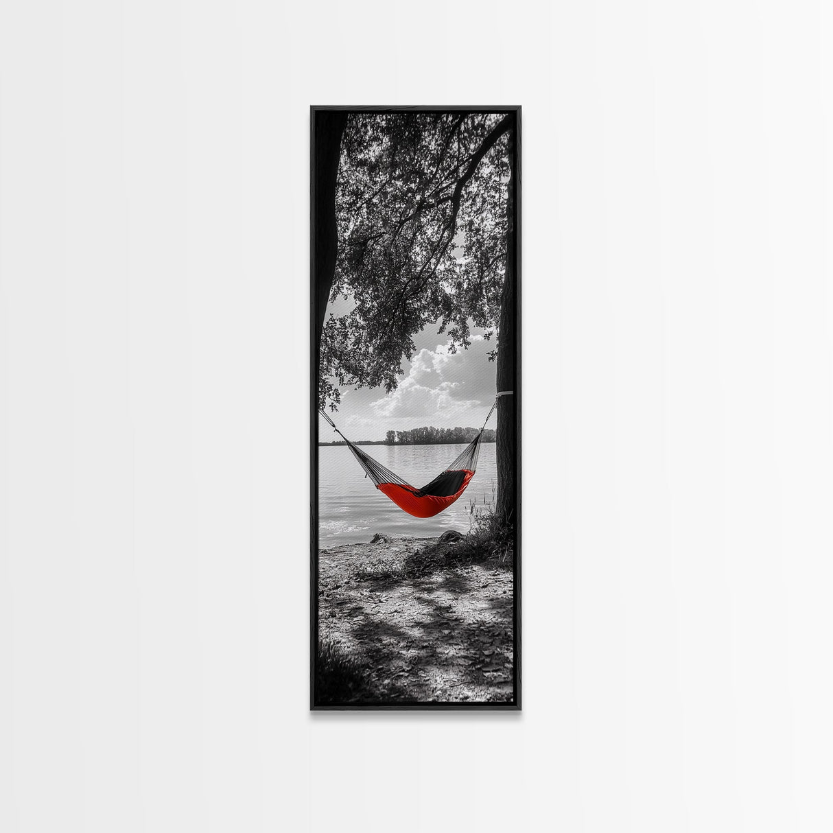 Red Hammock Escape, Nature Lake Art, Serene Moment, Outdoor Vibes, Framed Canvas Print Rustic Bedroom Wall Art, Minimalist Landscape