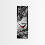 Red Hammock Escape, Nature Lake Art, Serene Moment, Outdoor Vibes, Framed Canvas Print Rustic Bedroom Wall Art, Minimalist Landscape