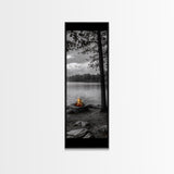 Autumn Campfire Scene, Cozy Outdoors, Fall Evening Glow, Lakeside Calm, Framed Canvas Print Cabin Decor, Living Room Autumn Wall Art
