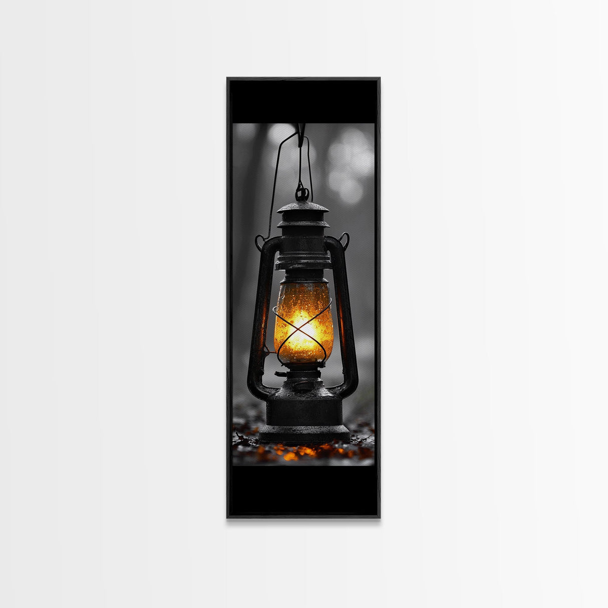 Vintage Lantern Glow, Moody Forest Scene, Rainy Night Light, Framed Canvas Print Rustic Entryway Wall Art, Autumn Warmth Art Style