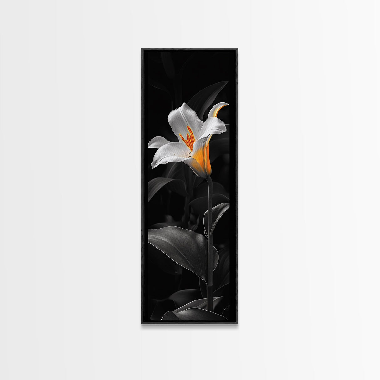 White Lily Bloom, Moody Flower Art, Dark Botanical, Elegant Glow, Framed Canvas Print Bedroom Wall Art, Modern Floral Minimalist