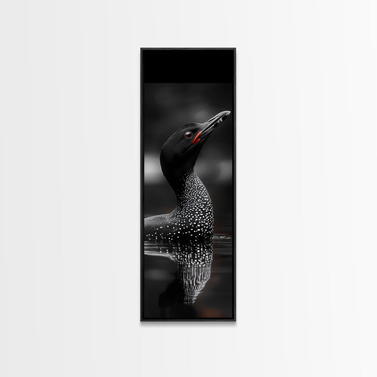 Loon Bird, Red Eye, Monochrome Wildlife, Nature Framed Canvas Print, modern living room wall art, black and white animal art