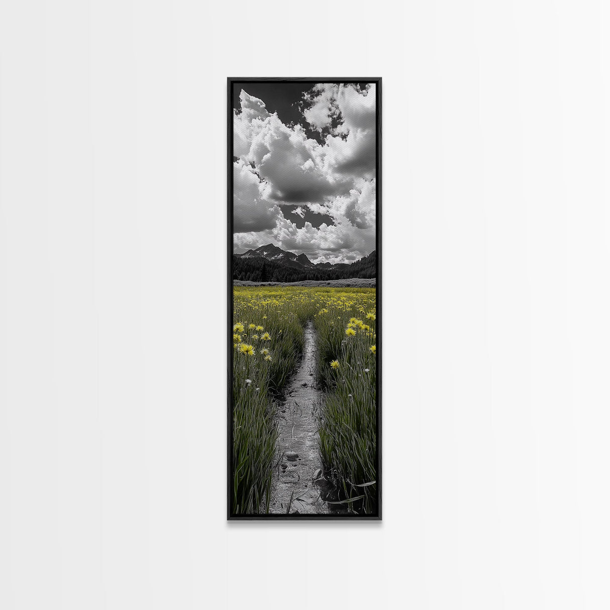 Yellow Field, Mountain Trail, Alpine Meadow, Bright Sky Framed Canvas Print, nature lover gift, landscape wall decor, cabin wall art
