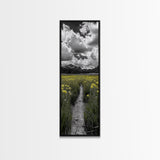 Yellow Field, Mountain Trail, Alpine Meadow, Bright Sky Framed Canvas Print, nature lover gift, landscape wall decor, cabin wall art