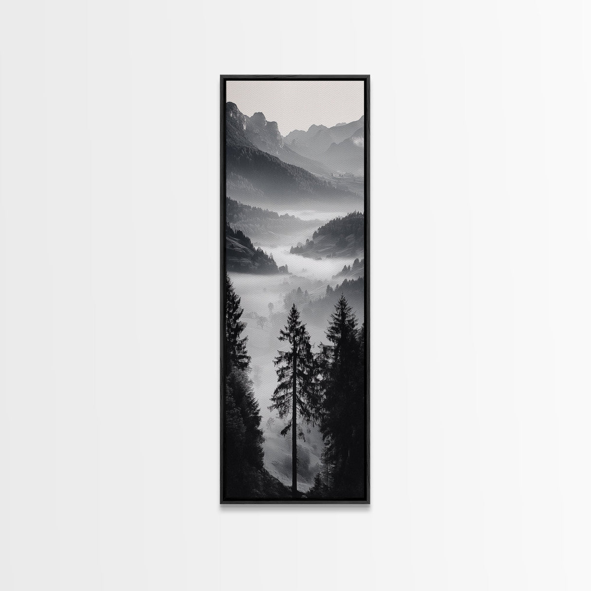 Foggy Mountains, Pine Forest, Valley Mist, Calm Landscape, Canvas Print, entryway wall art, cozy cabin vibes, grayscale art style