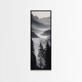 Foggy Mountains, Pine Forest, Valley Mist, Calm Landscape, Canvas Print, entryway wall art, cozy cabin vibes, grayscale art style