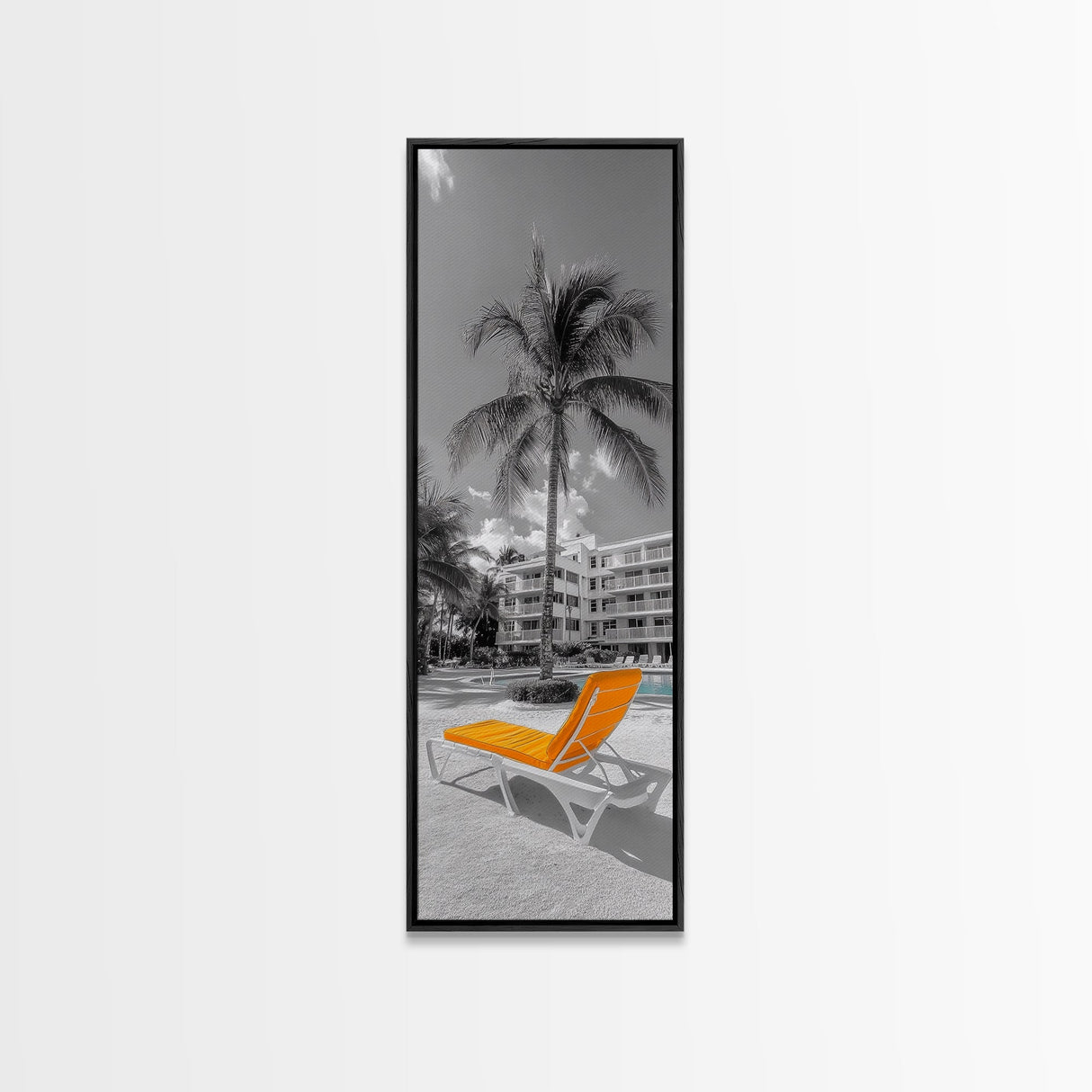 Poolside Palm, Tropical Escape, Resort Vibe, Orange Chair, Framed Canvas Print, Summer Wall Decor, Boho Art, Living Room Tropical Art