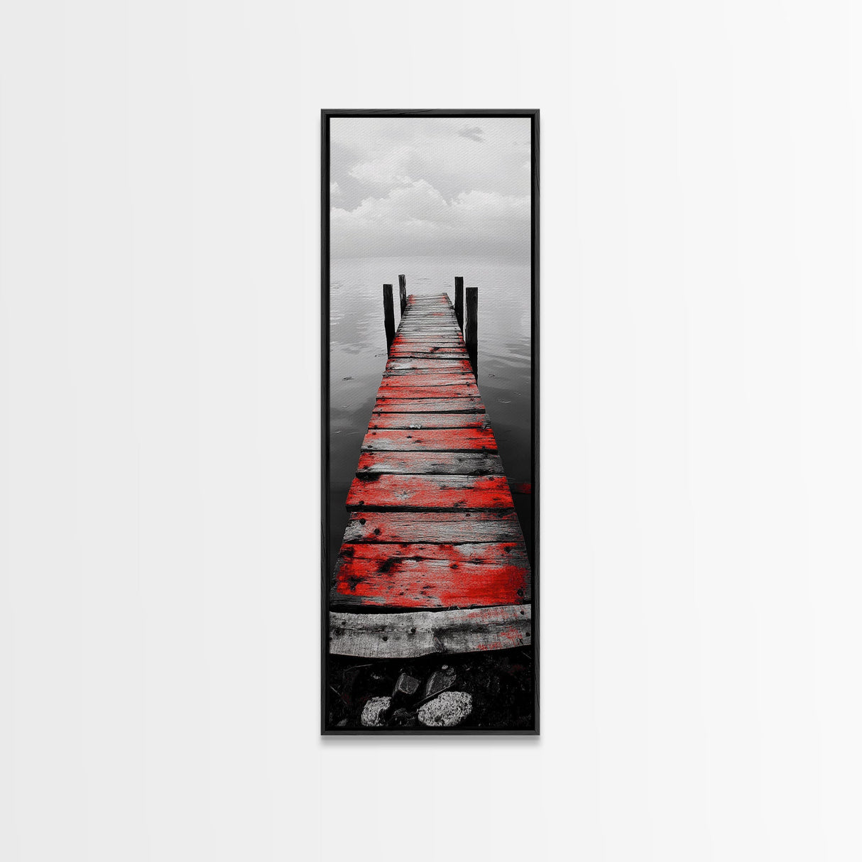 Red Dock, Still Water, Rustic Lake, Quiet Pier, Canvas Print, Bedroom Wall Art, Moody Lake Photography, Autumn Cabin Decor, Minimalist