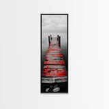 Red Dock, Still Water, Rustic Lake, Quiet Pier, Canvas Print, Bedroom Wall Art, Moody Lake Photography, Autumn Cabin Decor, Minimalist