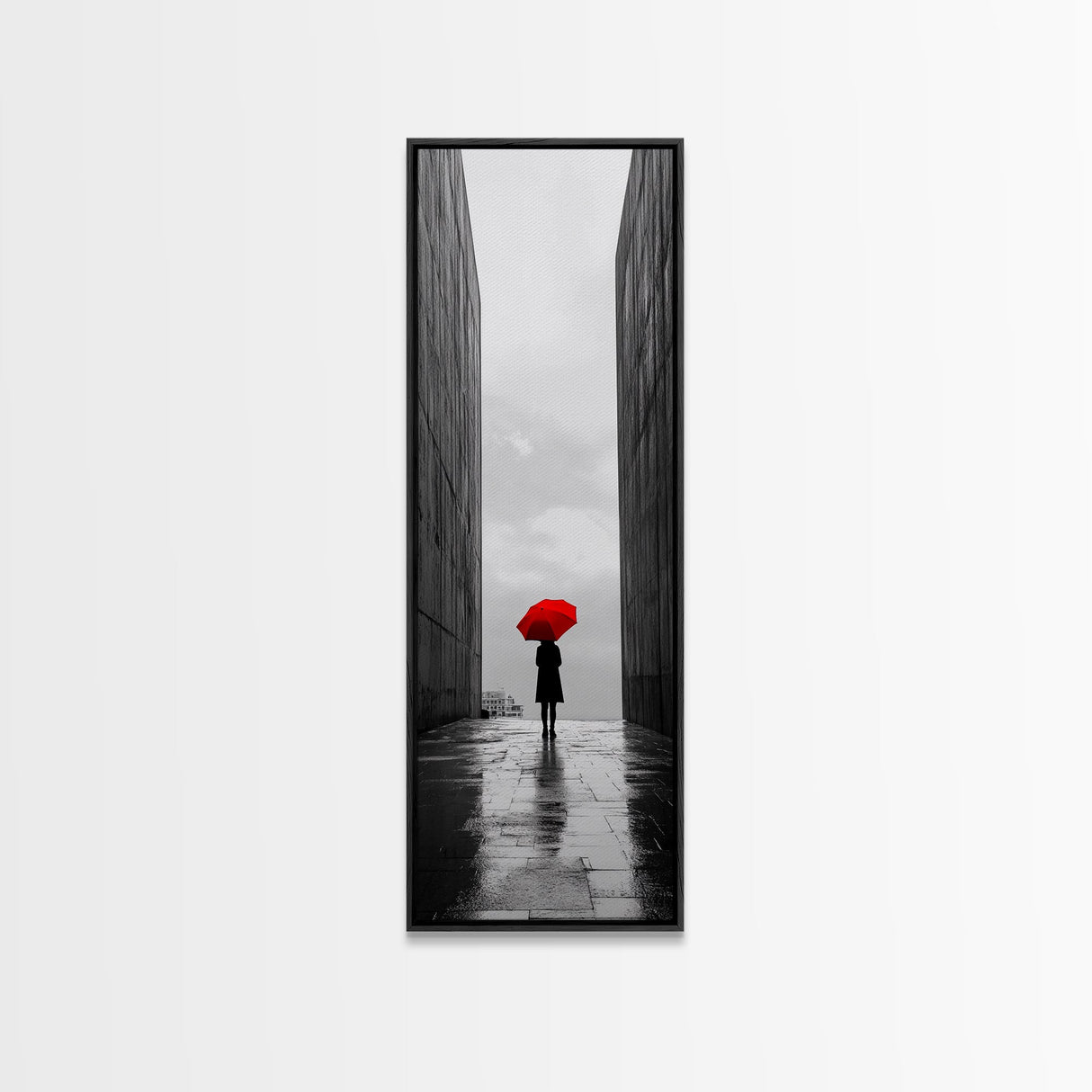 Red Umbrella, Rainy Day, Urban Silhouette, Framed Canvas Print, Minimalist Wall Art, Modern Entryway Decor, Monochrome Mood