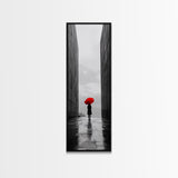 Red Umbrella, Rainy Day, Urban Silhouette, Framed Canvas Print, Minimalist Wall Art, Modern Entryway Decor, Monochrome Mood
