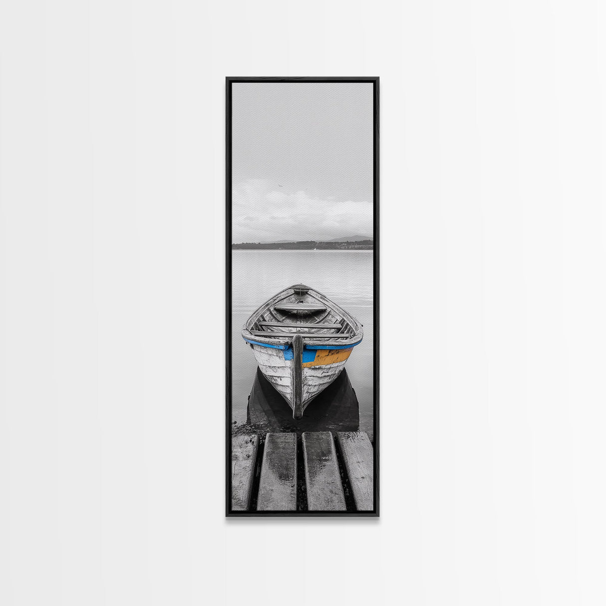 Rowboat Front, Calm Water, Lake Stillness, Serene View, Framed Canvas Print, Nautical Decor, Minimalist Art, Coastal Living Room