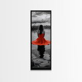 Woman in Red, Serene Lake, Moody Reflections, Dramatic Art Scene, Canvas Print, Bedroom Wall Art, Romantic Decor, Adventure Themed Ar