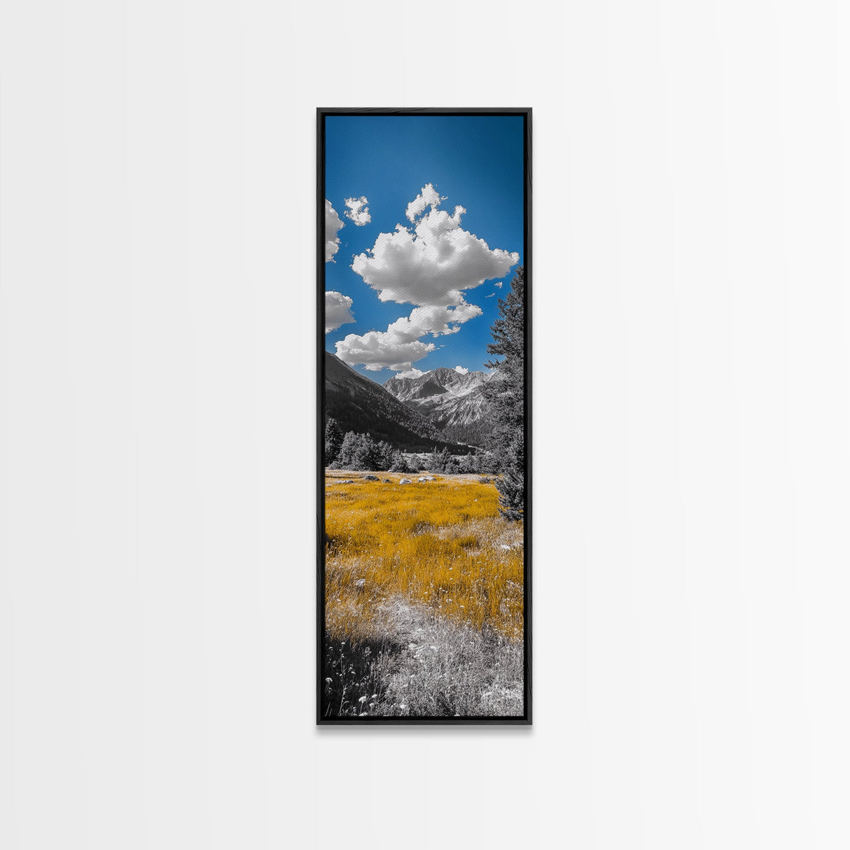 Golden Field, Mountain Range, Blue Sky, Framed Canvas Print, Autumn Landscape Art, Nature Lover Gift, Cabin Wall Art, Rustic Farmhouse Decor
