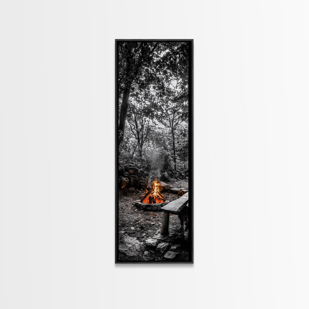 Forest Firepit, Glowing Flames, Wilderness Night, Framed Canvas Print, Camping Wall Art, Rustic Fall Decor, Cabin Living Style