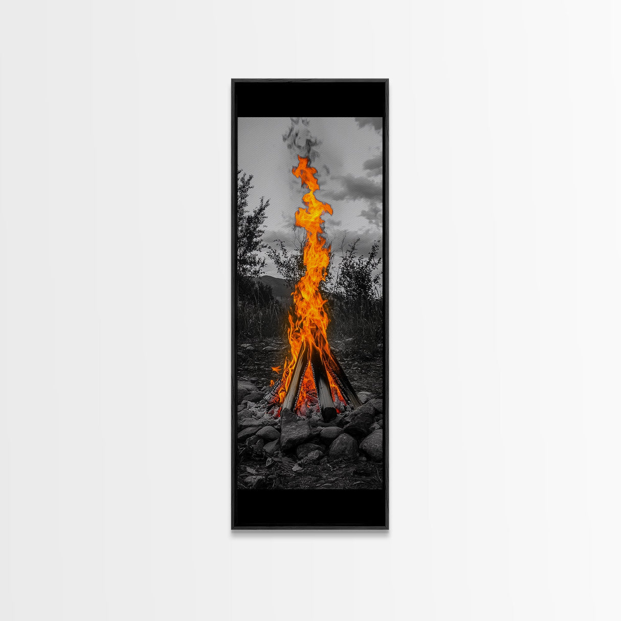 Towering Flame, Wild Fire Blaze, Dramatic Camp Scene, Canvas Print, Outdoor Wall Art, Autumn Adventure Decor, Rustic Nature Style