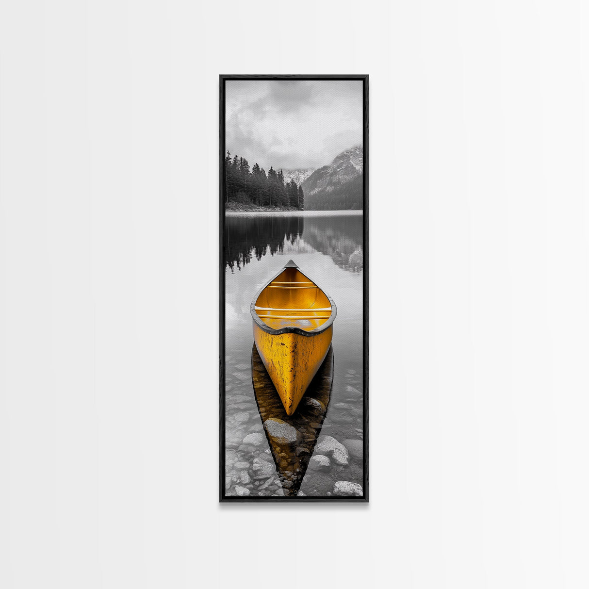 Yellow Canoe, Peaceful Lake, Mountain Reflections, Canvas Print, Nature Lover Gift, Minimalist Wall Art, Cabin Living Room Decor