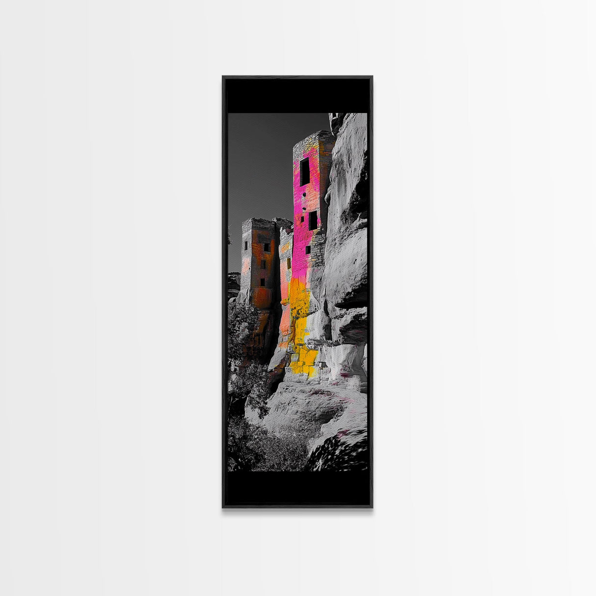 Cliff Dwelling Art, Ancient Ruins Style, Colorful Boho Home Decor, Framed Canvas Print, Southwestern Living Room Wall Art, Hallway Wall Art