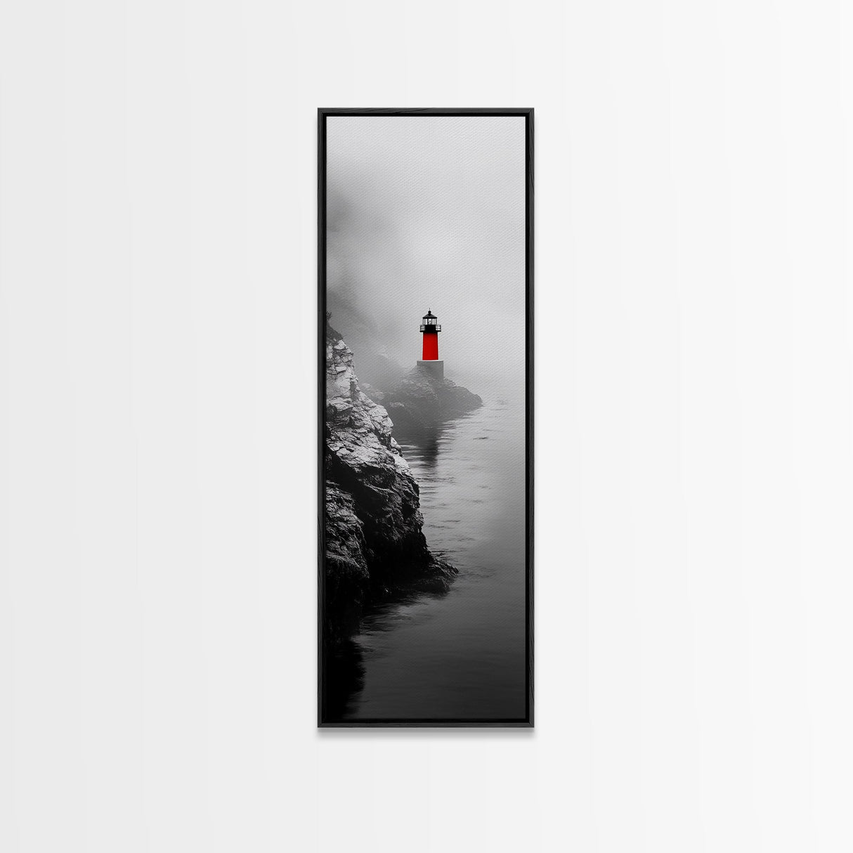 Misty Lighthouse View, Red Beacon Decor, Coastal Minimalist Art, Framed Canvas Print, Modern Seascape Living Room Wall Decor