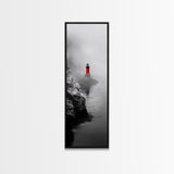 Misty Lighthouse View, Red Beacon Decor, Coastal Minimalist Art, Framed Canvas Print, Modern Seascape Living Room Wall Decor