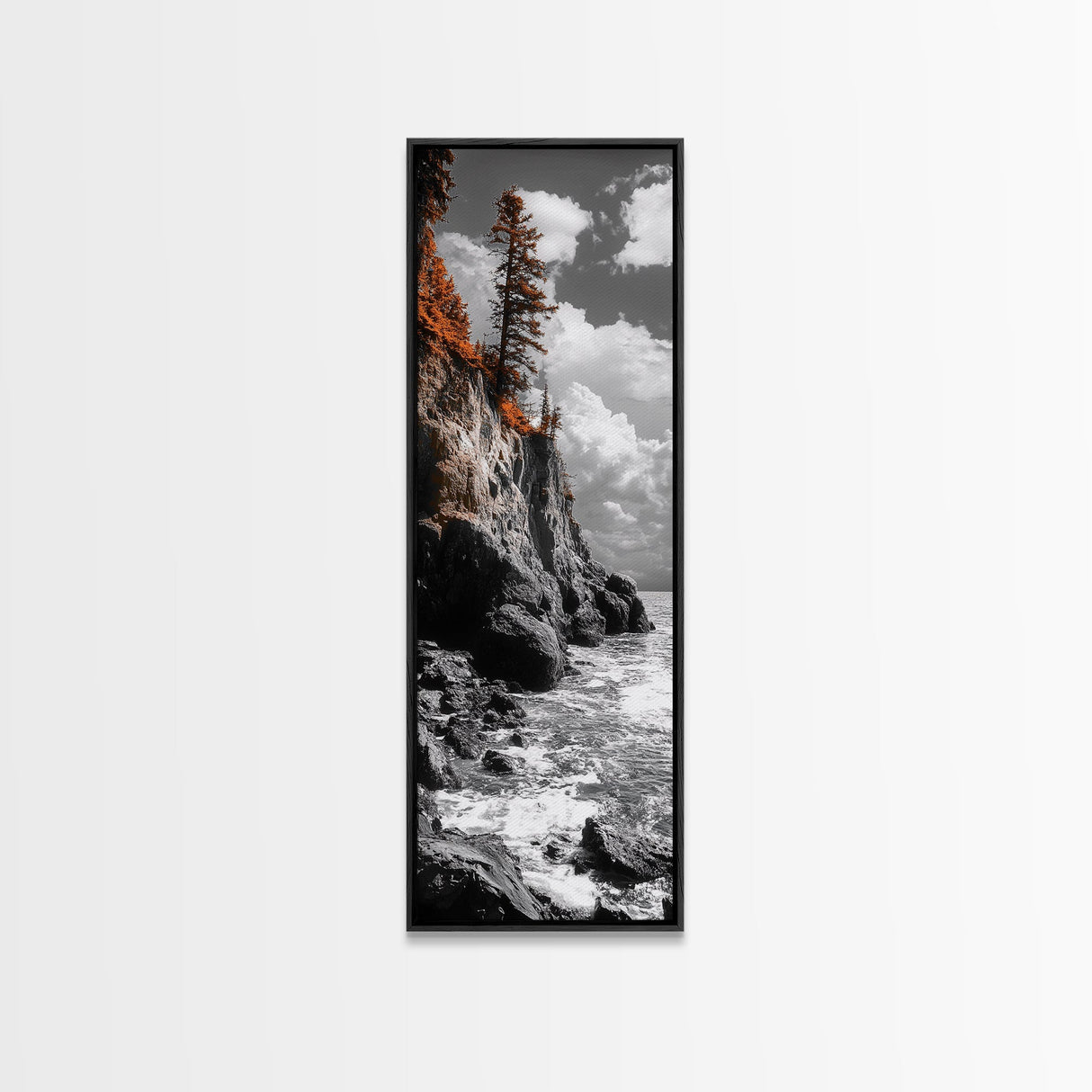 Autumn Cliff Scene, Bold Trees Coastal Wall Art, Fall Foliage Home Style, Framed Canvas Print, Seasonal Nature Living Room Decor