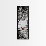 Lonely Figure, Red Bench, Reflective Scene, Peaceful Beach Wall Art, Framed Canvas Print, Black and White Photography, Zen Room Decor