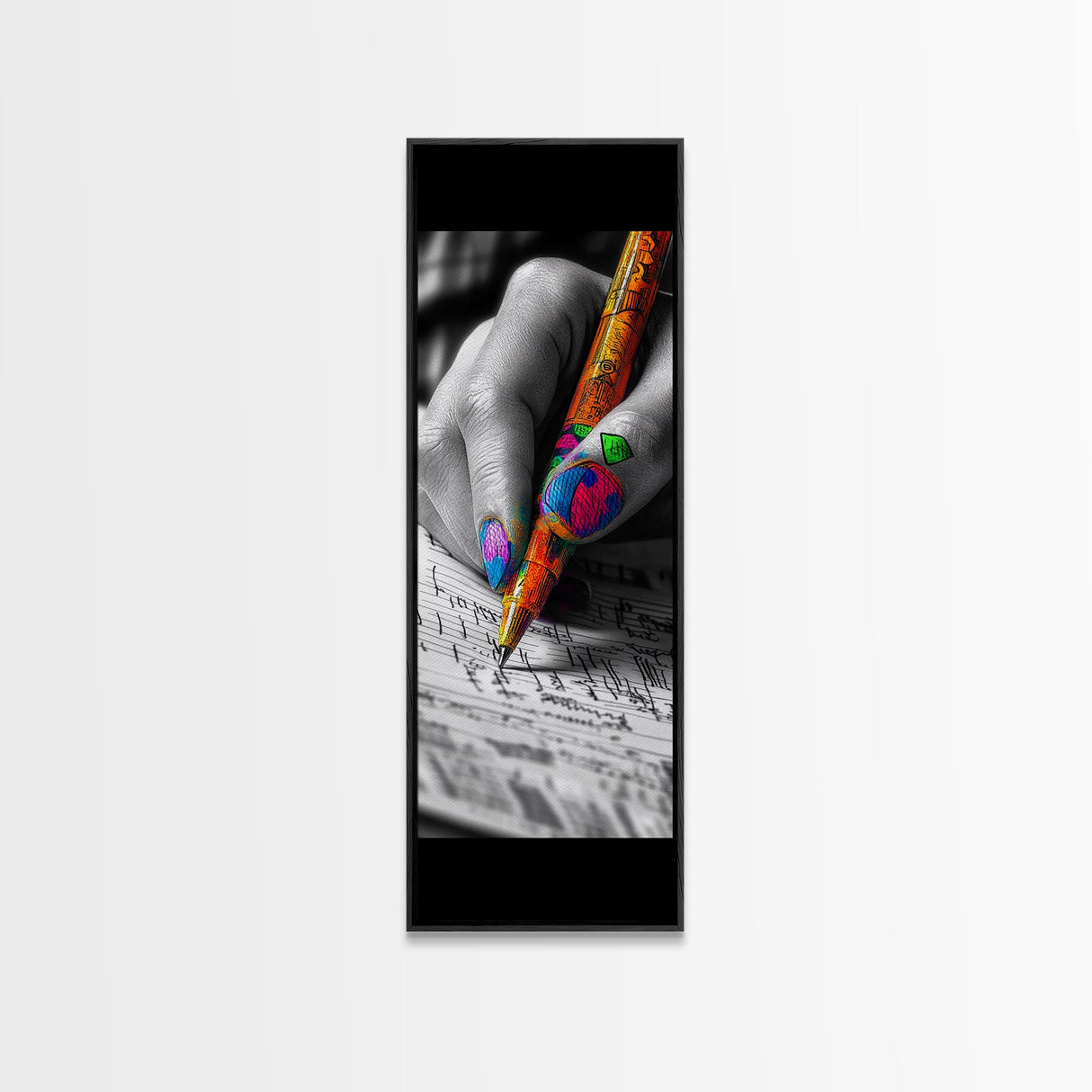 Vibrant Nails, Artistic Pen, Writing Closeup, Framed Canvas Print, Bold Office Wall Art, Pop Art Style, Creative Studio Decor