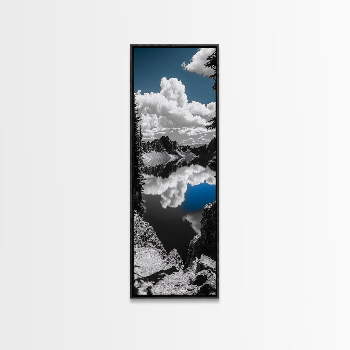 Reflected Clouds, Blue Sky, Mountain Lake, Wilderness Escape, Scenic Nature Art, Framed Canvas Print, Tranquil Office Wall Decor