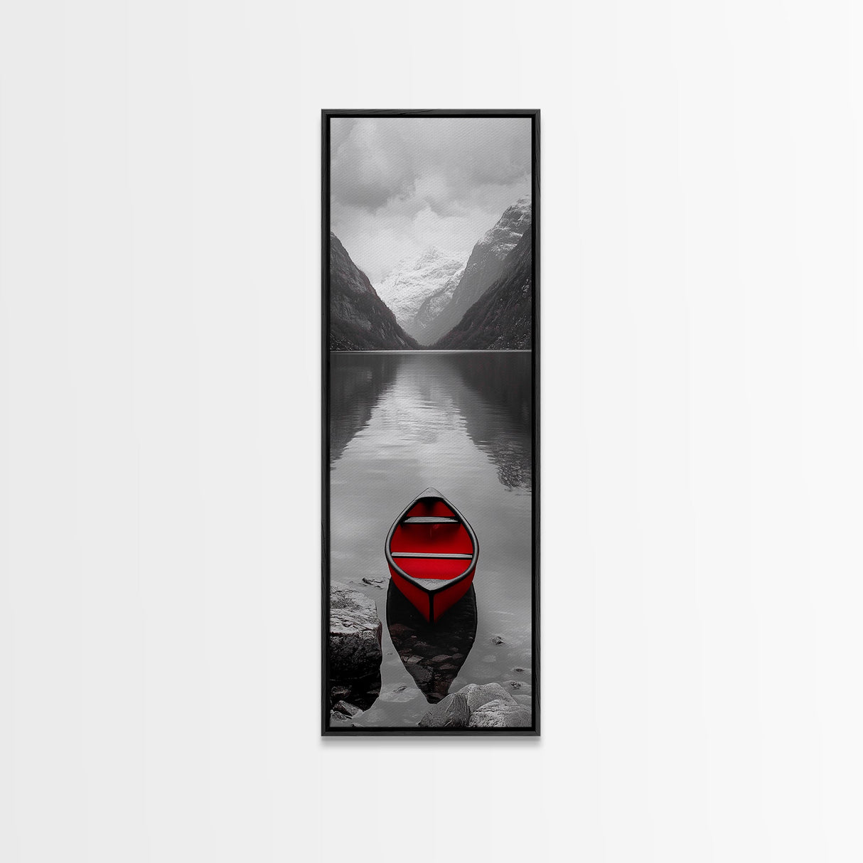 Red Canoe, Mountain Lake, Minimalist Reflection, Snowy Peaks, Framed Canvas Print, Nordic Cabin Wall Art, Serene Bedroom Decor