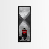 Red Canoe, Mountain Lake, Minimalist Reflection, Snowy Peaks, Framed Canvas Print, Nordic Cabin Wall Art, Serene Bedroom Decor