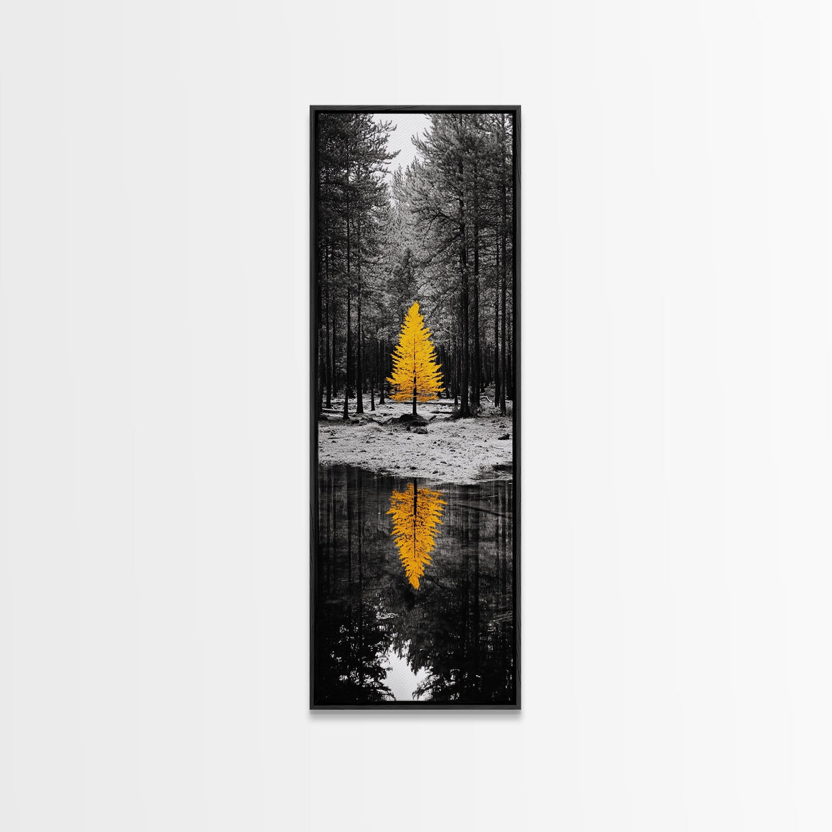 Golden Tree, Forest Reflection, Autumn Solitude, Nature Focused Minimalism, Framed Canvas Print, Zen Bathroom or Office Wall Art