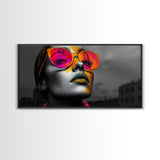 Pop Art, Sunglasses, Neon, Bold and vibrant pop art woman in neon shades on Framed Canvas Print, modern Teen Room Wall Art, Stylish Decor