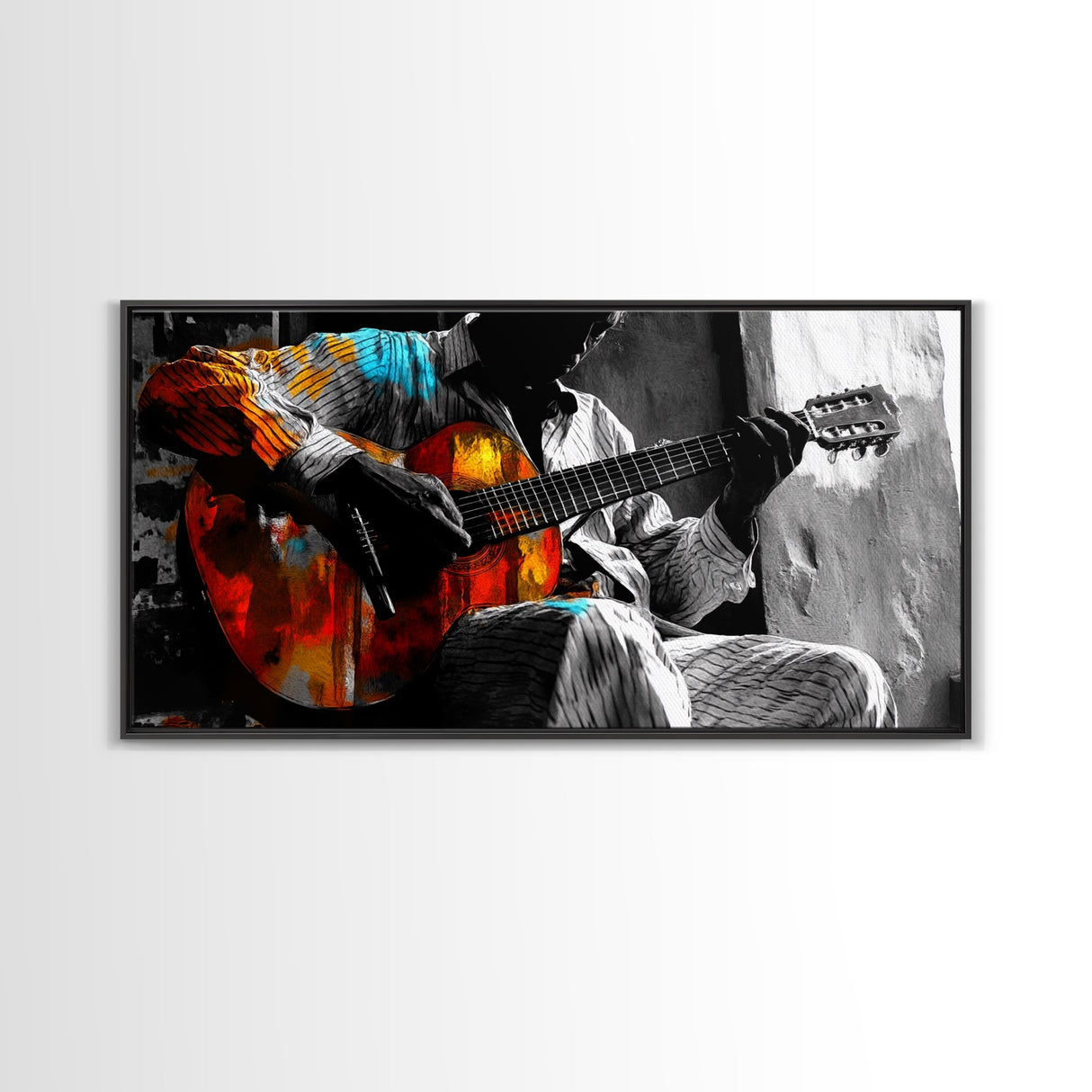 Guitarist, Music, Expression, Moody musical moment captured in this Framed Canvas Print, Boho Music Room Art, Artistic Studio Wall Art
