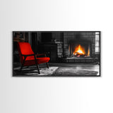 Fireplace, Red Chair, Cozy firelight and bold red accent chair on this Framed Canvas Print, Cozy Fall Living Room Art, Cabin Decor Accent