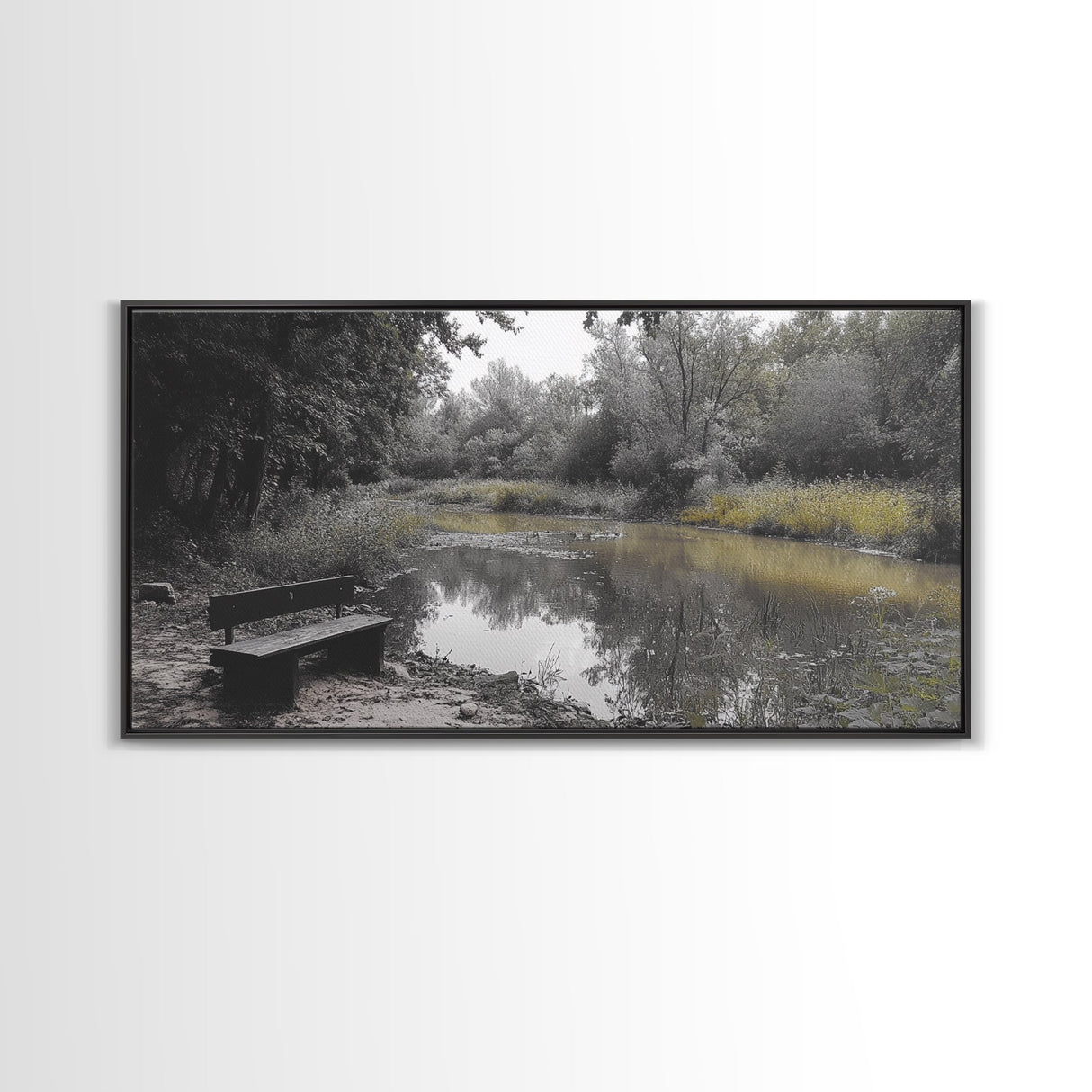 Tranquil Forest, Peaceful Pond, Autumn Riverbank, Framed Canvas Print, Nature Photography, Entryway Art, Fall Vibes, Rustic Wall Decor