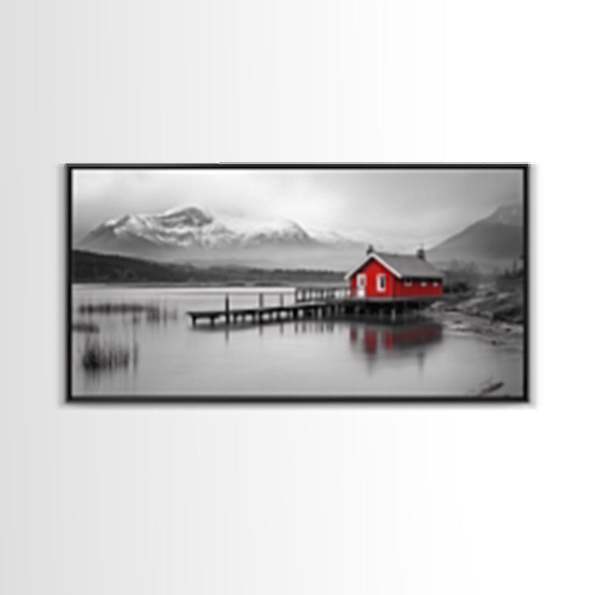 Red Cabin, Lake House, Mountain Reflection, Framed Canvas Print, Nordic Art, Winter Landscape, Bedroom Wall Art, Modern Minimalist Decor