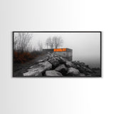 Fog Wall, Concrete Graffiti, Misty Lake Path, Framed Canvas Print, Urban Nature Blend, Moody Art, Hallway Decor, Modern Grayscale Style