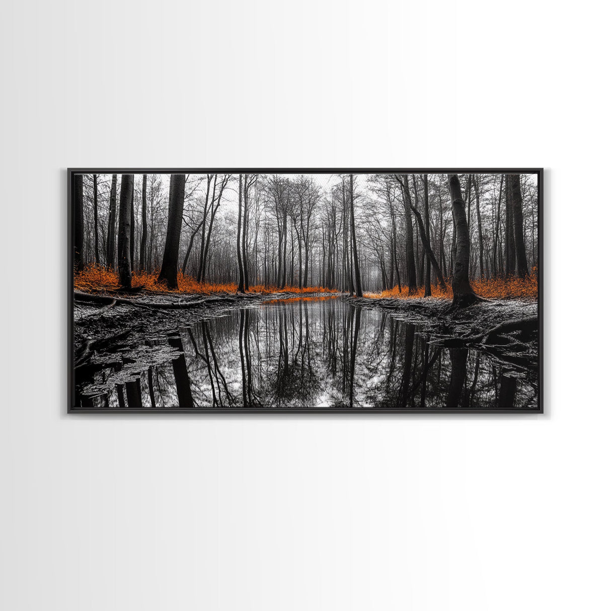 Reflected Forest, Orange Leaves, Tranquil River, Monochrome Fall, Canvas Print, Rustic Decor, Bedroom Wall Art, Woodland Scene