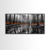 Reflected Forest, Orange Leaves, Tranquil River, Monochrome Fall, Canvas Print, Rustic Decor, Bedroom Wall Art, Woodland Scene