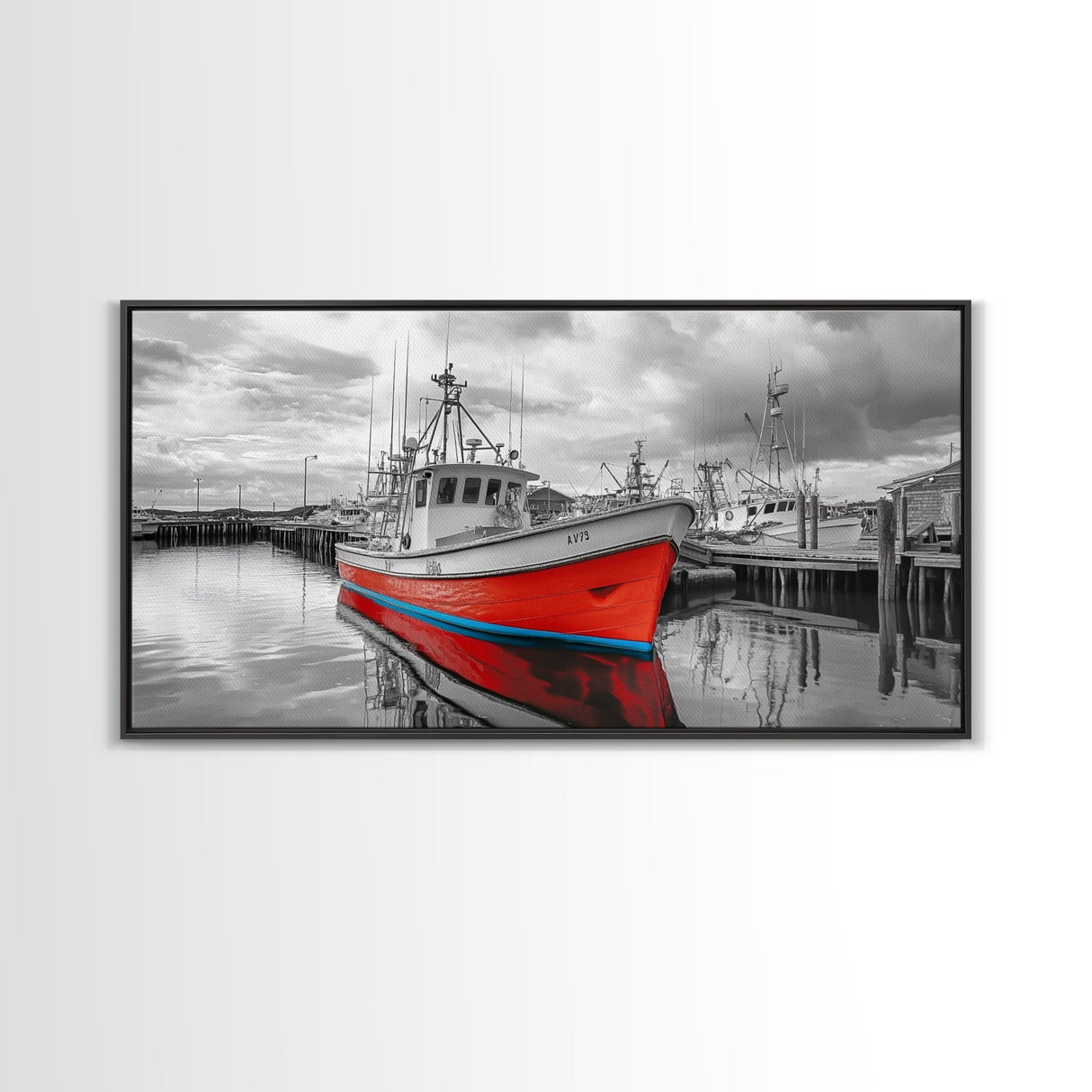 Red Boat, Dock Reflections, Moody Sky, Harbor Life, Framed Canvas Print, Nautical Wall Decor, Coastal Art, Living Room Art, Maritime Style