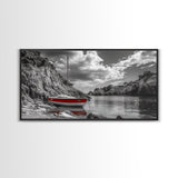 Red Sailboat, Rocky Cove, Tranquil Water, Coastal Escape, Canvas Print, Nautical Wall Art, Minimalist Seaside Style, Black White Art