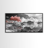 Pink Tree, Island Dreams, Serene Water, Tropical Sky, Framed Canvas Print, Boho Wall Art, Bedroom Decor, Black and White Landscape