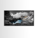 Hidden Cove, Blue Waters, Rugged Coast, Rocky Escape, Canvas Print, Nature Wall Art, Minimalist Seascape, Monochrome Landscape
