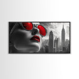 Red Lips, Urban Glam, High Fashion, City Vibes – Framed Canvas Print, Modern Pop Art, Living Room Wall Art, Bold Aesthetic, Edgy Decor